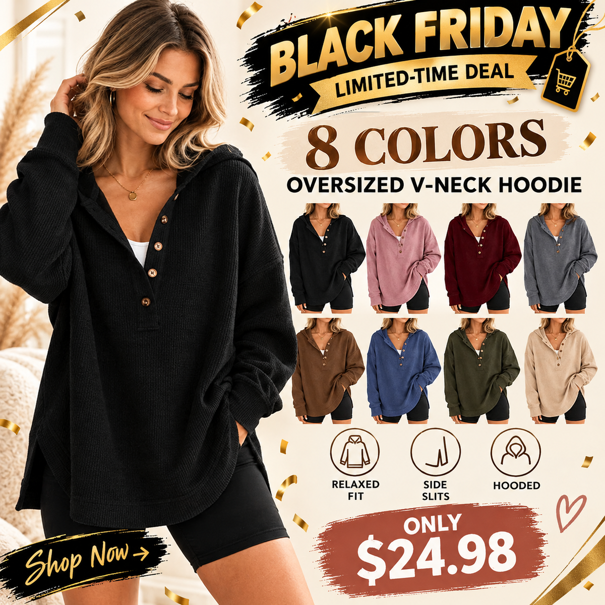 Women's Oversized V-Neck Hoodie – Relaxed Button Pullover with Side Slits