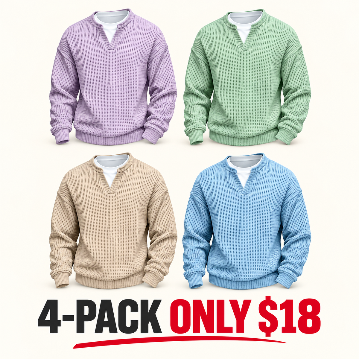 ⌛Limited-Time Offer⌛Men's Waffle-Knit Long-Sleeve V-Neck Pullover Shirt, Faux 2-Piece Street Look