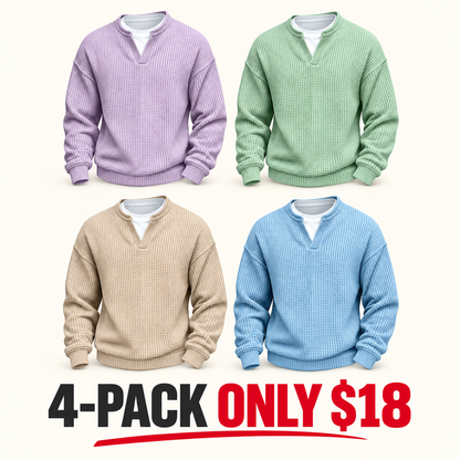⌛Limited-Time Offer⌛Men's Waffle-Knit Long-Sleeve V-Neck Pullover Shirt, Faux 2-Piece Street Look