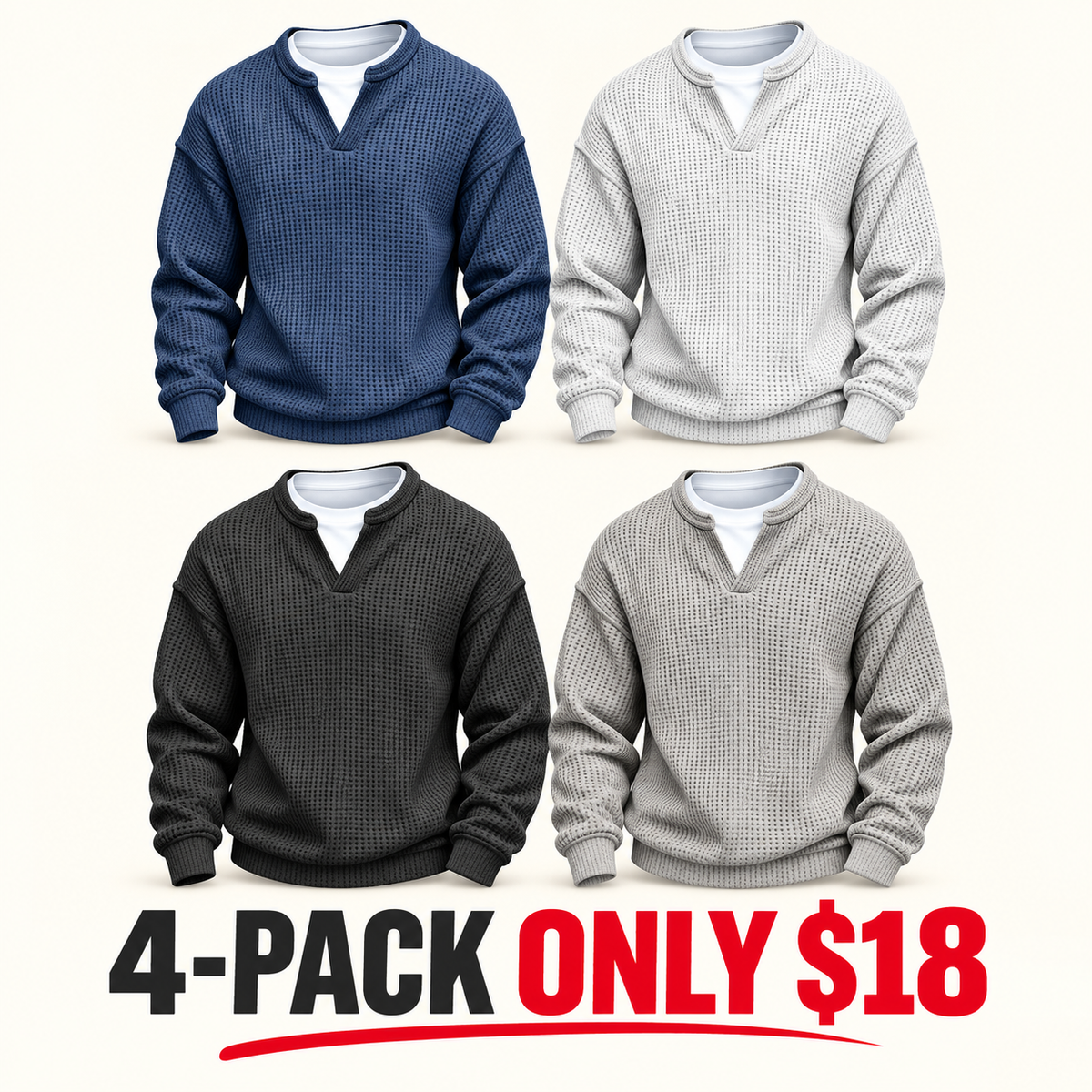 ⌛Limited-Time Offer⌛Men's Waffle-Knit Long-Sleeve V-Neck Pullover Shirt, Faux 2-Piece Street Look