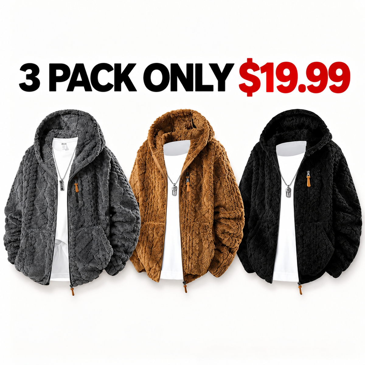Men's Jacquard Thermal Fleece Zip-Up Hoodie, Loose Fit Warm Plush Texture Hooded Jacket with Kangaroo Pockets