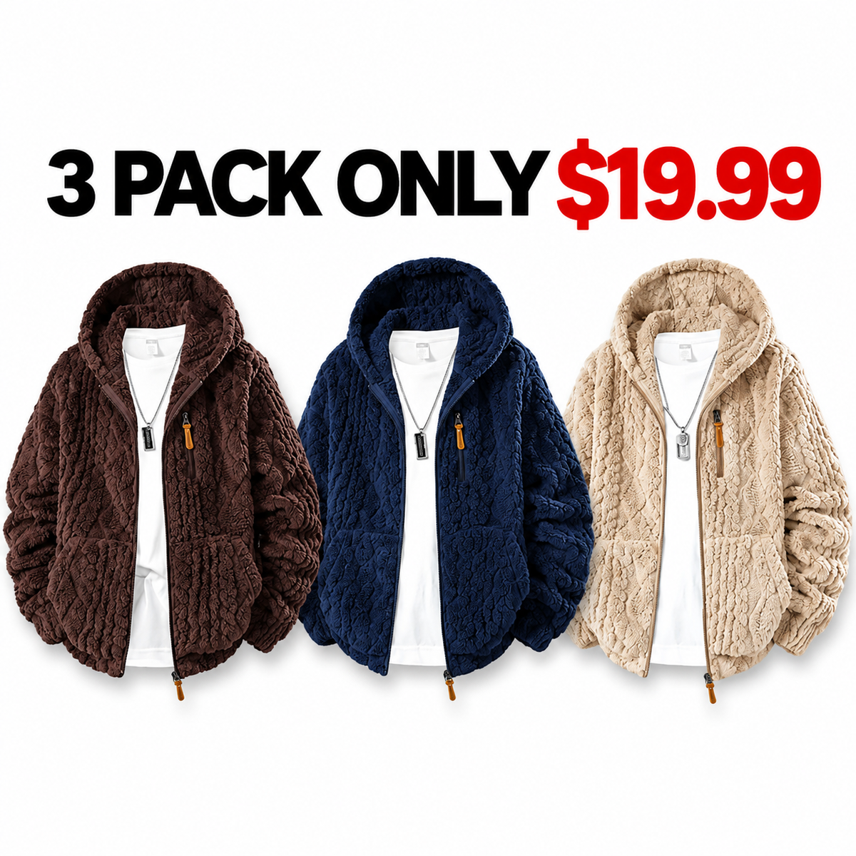 Men's Jacquard Thermal Fleece Zip-Up Hoodie, Loose Fit Warm Plush Texture Hooded Jacket with Kangaroo Pockets