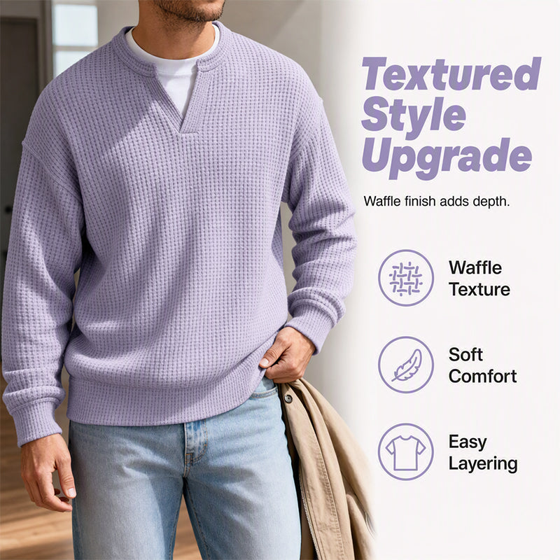 ⌛Limited-Time Offer⌛Men's Waffle-Knit Long-Sleeve V-Neck Pullover Shirt, Faux 2-Piece Street Look