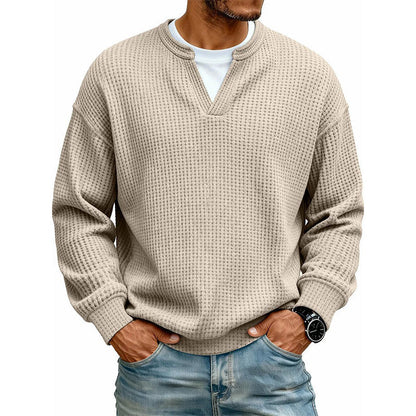 ⌛Limited-Time Offer⌛Men's Waffle-Knit Long-Sleeve V-Neck Pullover Shirt, Faux 2-Piece Street Look