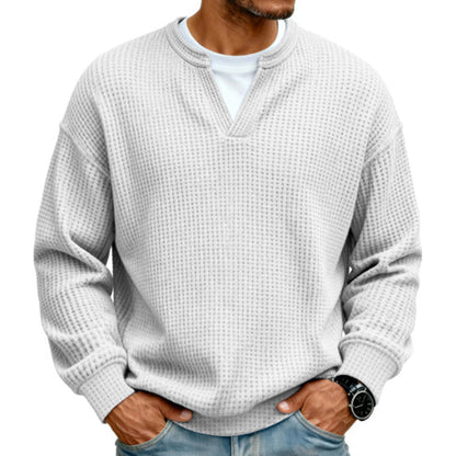 ⌛Limited-Time Offer⌛Men's Waffle-Knit Long-Sleeve V-Neck Pullover Shirt, Faux 2-Piece Street Look
