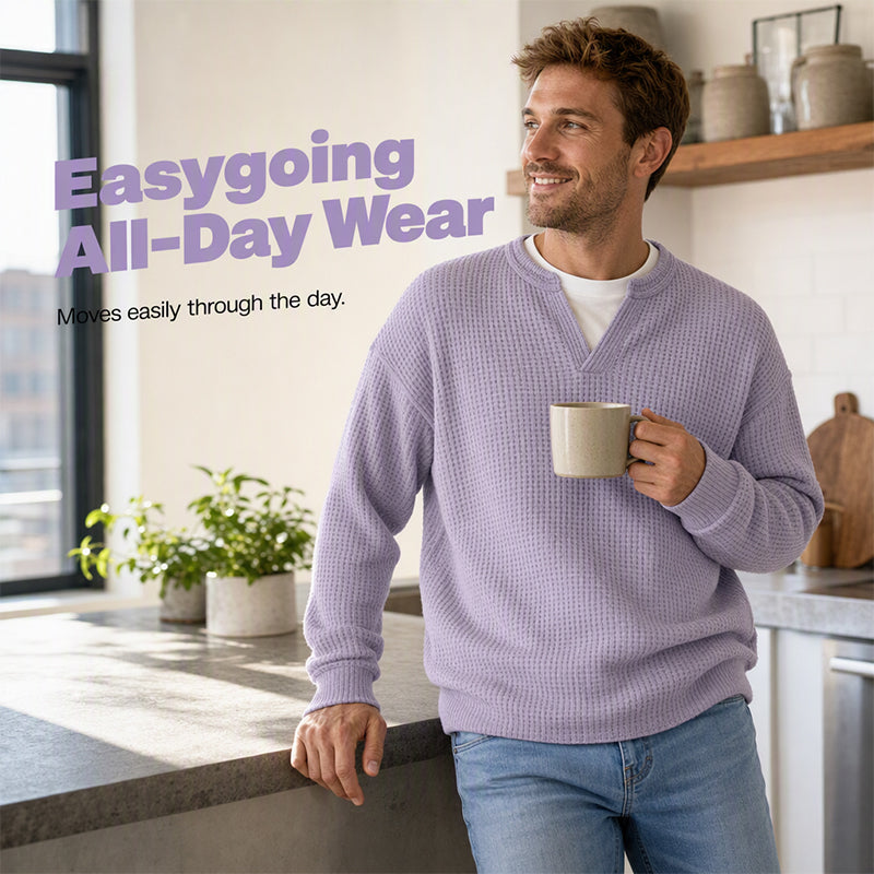 ⌛Limited-Time Offer⌛Men's Waffle-Knit Long-Sleeve V-Neck Pullover Shirt, Faux 2-Piece Street Look