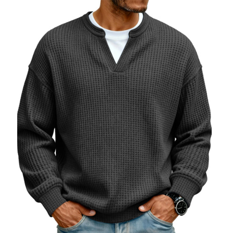 ⌛Limited-Time Offer⌛Men's Waffle-Knit Long-Sleeve V-Neck Pullover Shirt, Faux 2-Piece Street Look